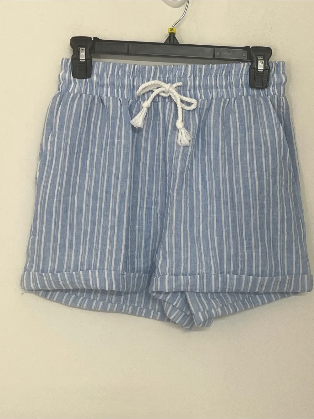 🌞 Ci Sono Light Blue & White Striped High-Waist Drawstring Shorts women S